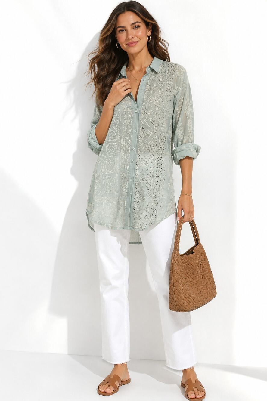 Johnny Was Sage Eyelet Embroidered Tunic Top XS Mint Green Boho Coastal